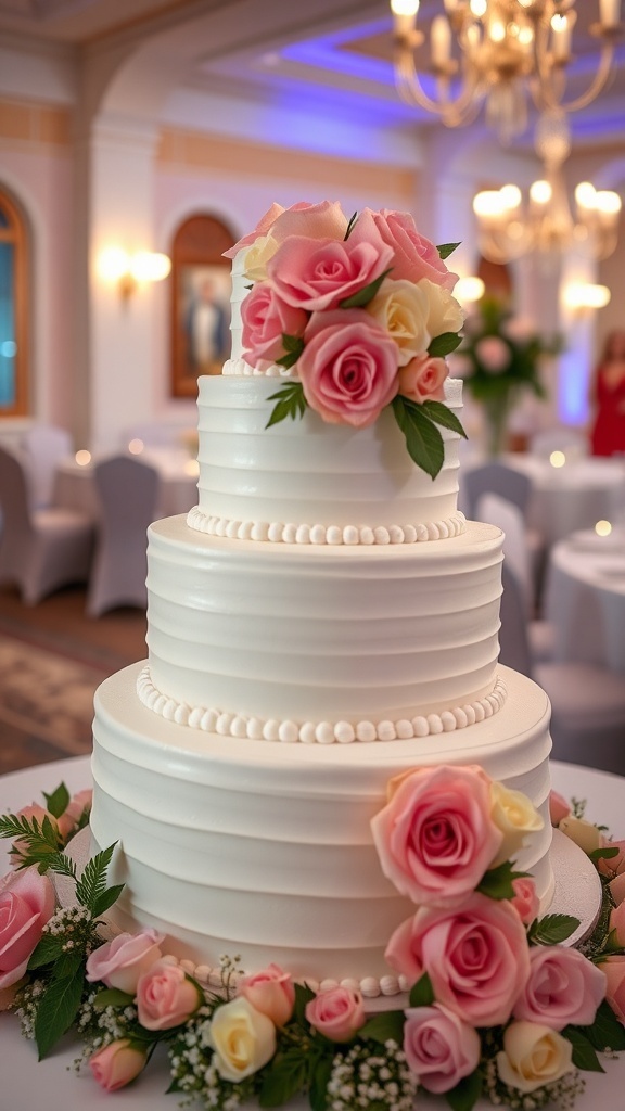 An elegant three-tier wedding cake with white frosting and fresh flowers on a decorated table.